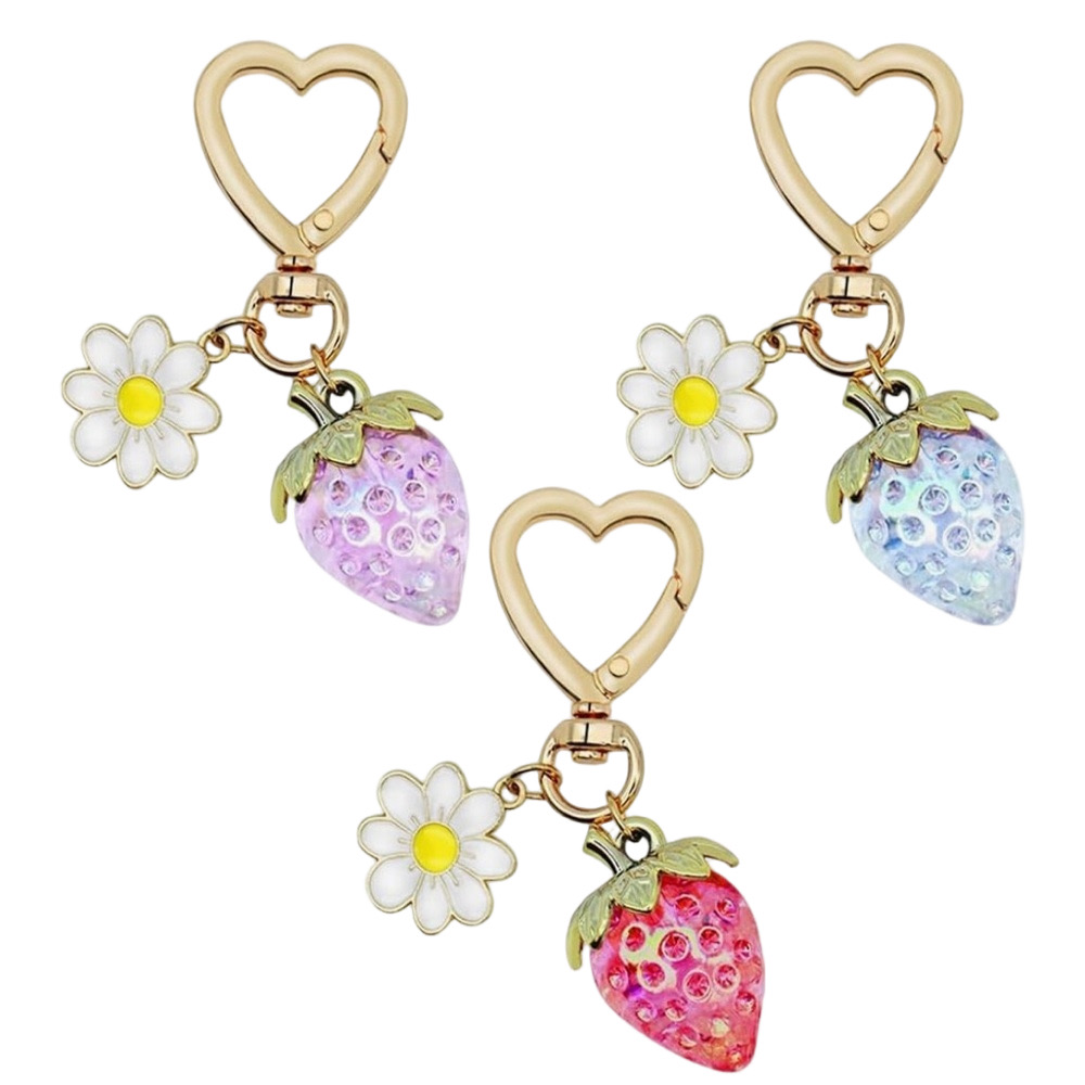 New Heart-Shaped Bag Charm/Keychain with Strawberry and Daisy Charm